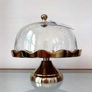 Gold Scalloped Dessert Stand w/ Glass Lid 8in Made in India NEW
